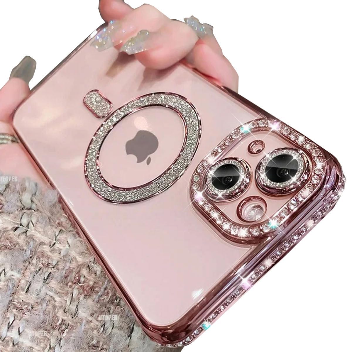 for iPhone 15 Plus Case Magnetic, [Compatible with MagSafe] Women Cute Clear Glitter Bling Diamond Rhinestone Sparkly Case Camera Lens Protectors Plating Cover for iPhone 15 Plus (Pink)