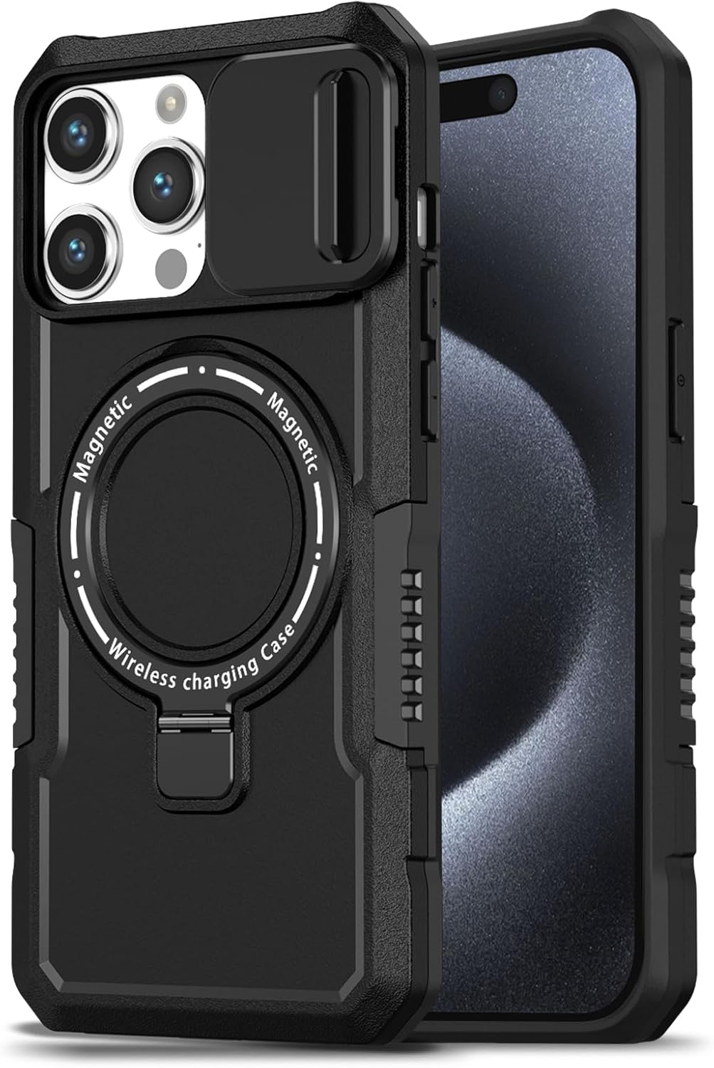 for iPhone 15 Pro Case with Camera Slide Cover [ Compatible with MagSafe ] with Magnetic Ring Kickstand, Military Grade Heavy Duty Case for iPhone 15 Pro 6.1'', Black