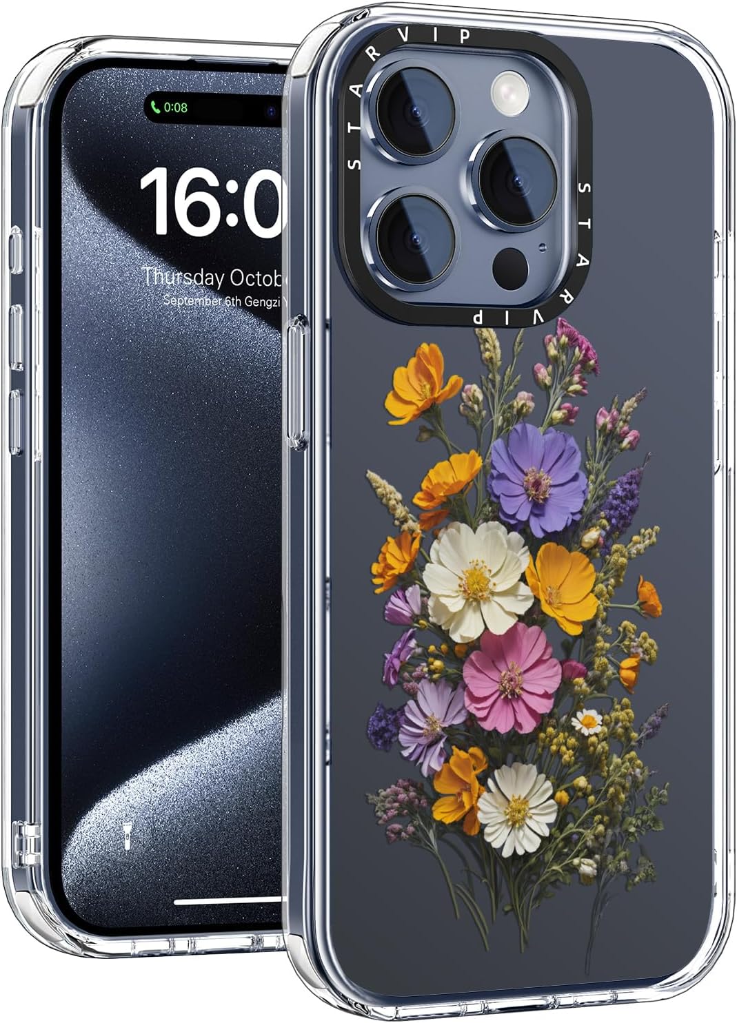 for iPhone 15 Pro Case with Cute Floral Designs for Women Girls – Wireless Charging Compatible – Clear Hard Acrylic Shell with Soft TPU Bumper – Protective Phone Case – Brilliant Flowers