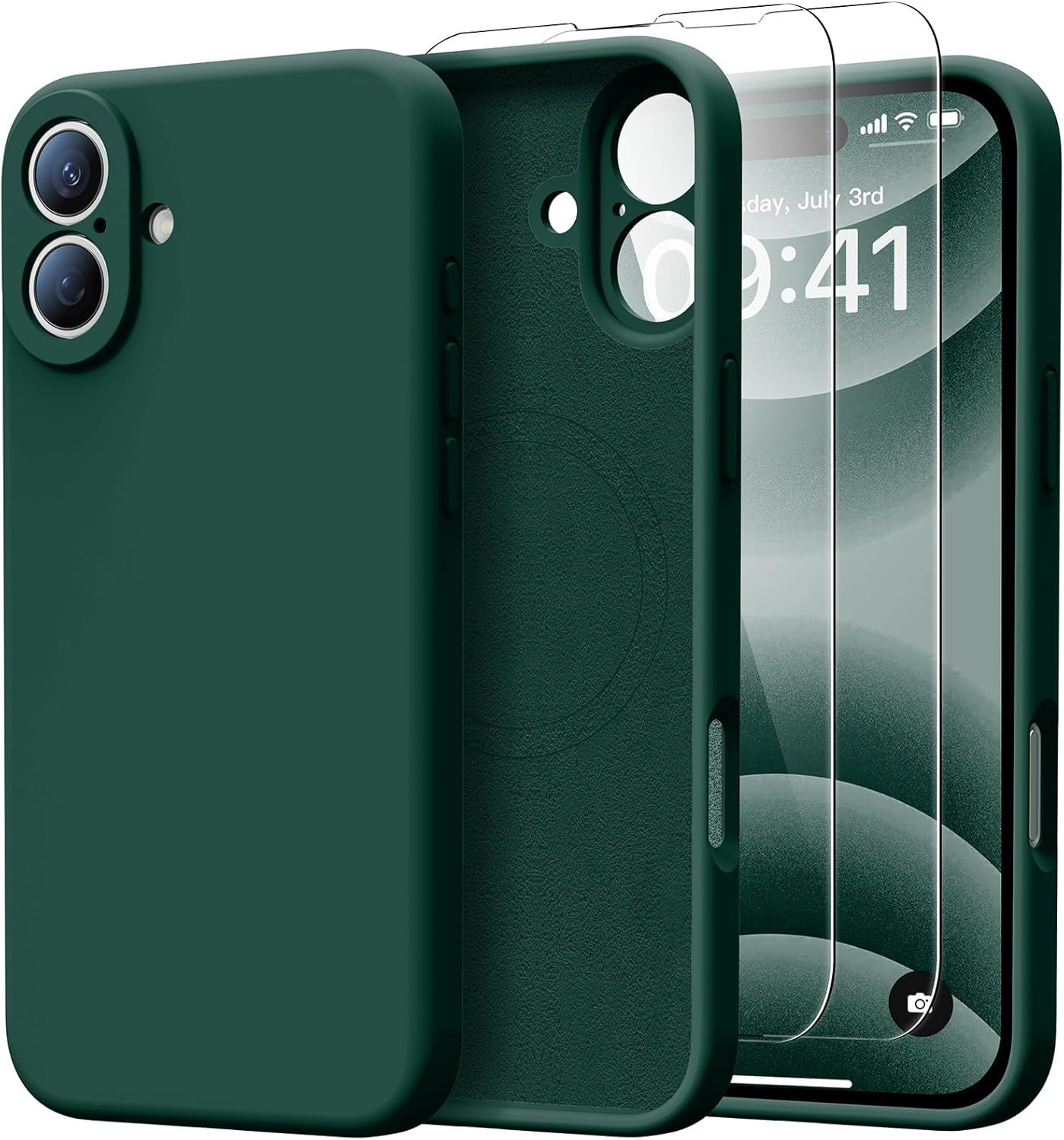 for iPhone 16 Case with 2 Screen Protectors – Compatible with Magsafe – Upgraded Camera Protection – Liquid Silicone Protective Phone Case for Men, Women,Girls – Forest Green