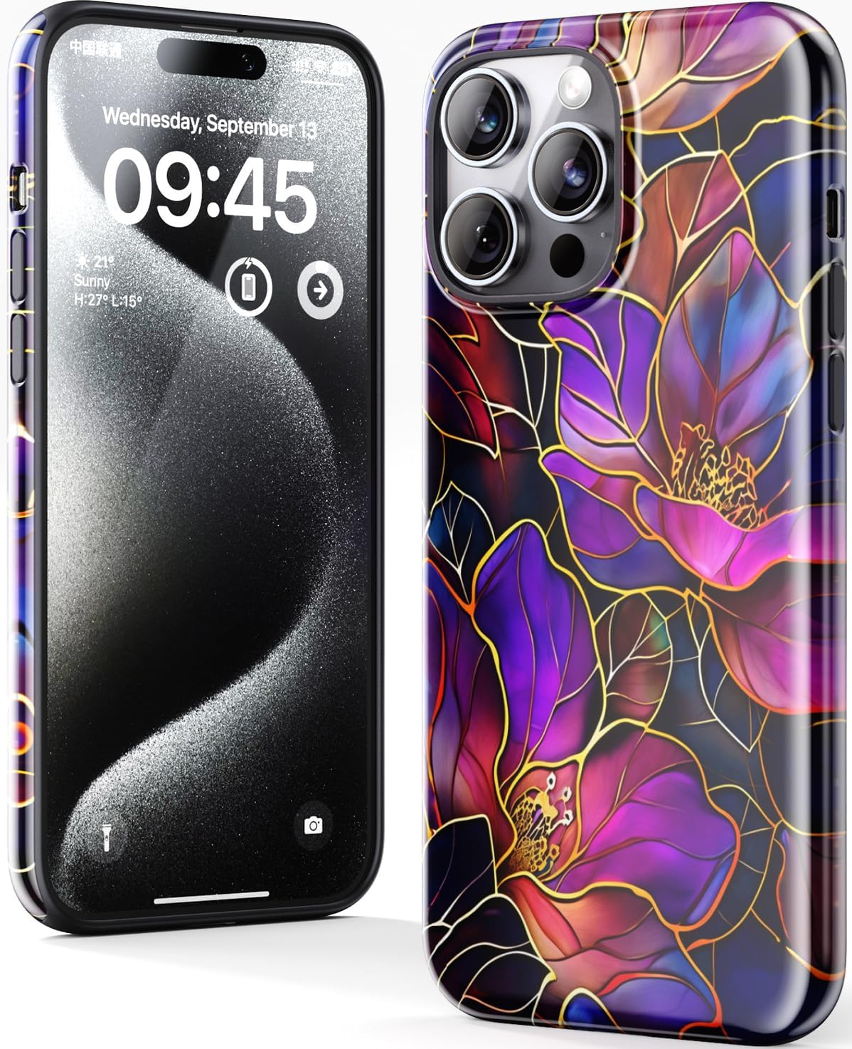 for iPhone 16 Pro Case – Wireless Charging Compatible – Dual-Layer Hard Shell + Silicone Cover – Shockproof Protective Phone Case with Stylish Designs for Women – Blooming Purple Flowers