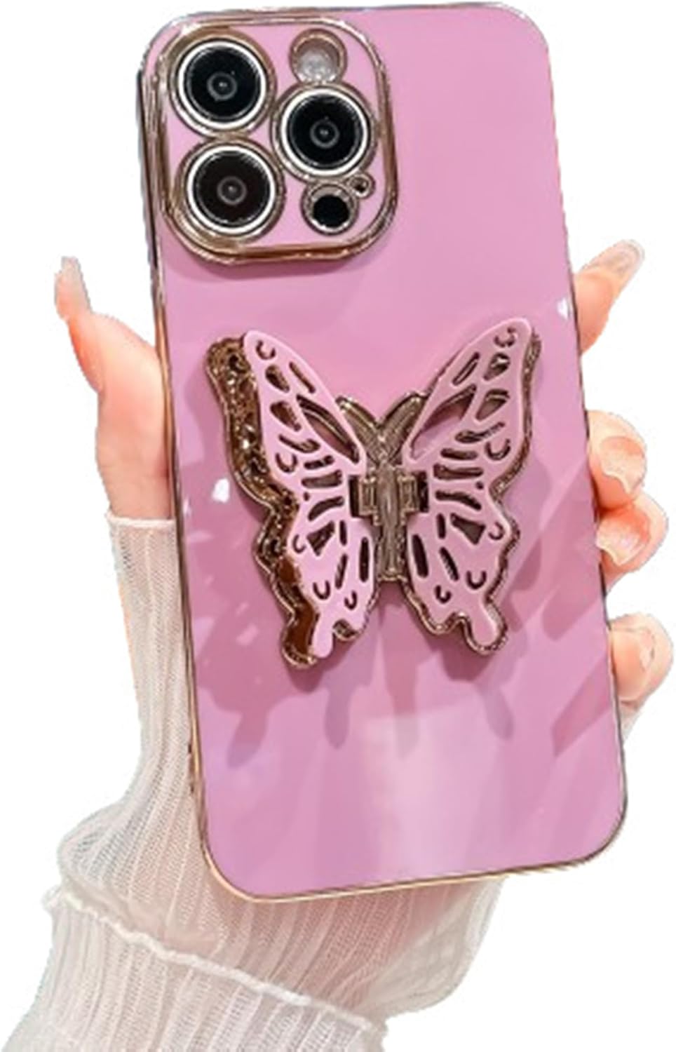 for iPhone 16 Pro Max Case for Girls Women,iPhone 16 Pro Max Phone Case Cute Butterfly Kickstand Design,Plating Glitter Slim Soft Silicone Foldable Bracket Bumper Cover for iPhone 16 Pro Max Purple