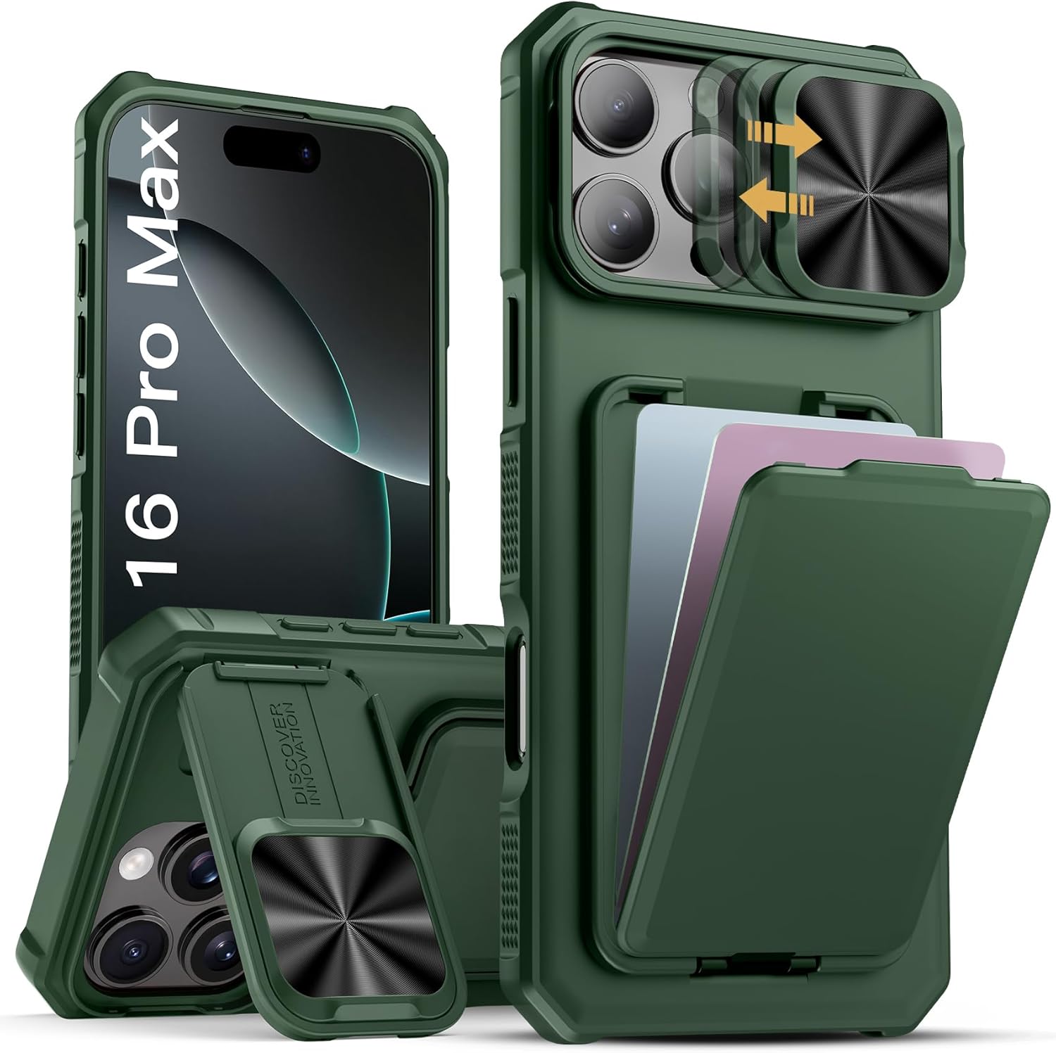 for iPhone 16 Pro Max Case with Card Holder & Camera Cover Stand & Slide Lens Cover, Multifunctional Rugged Wallet Phone Case Cover for iPhone 16 Pro Max 6.9” 2024, Green