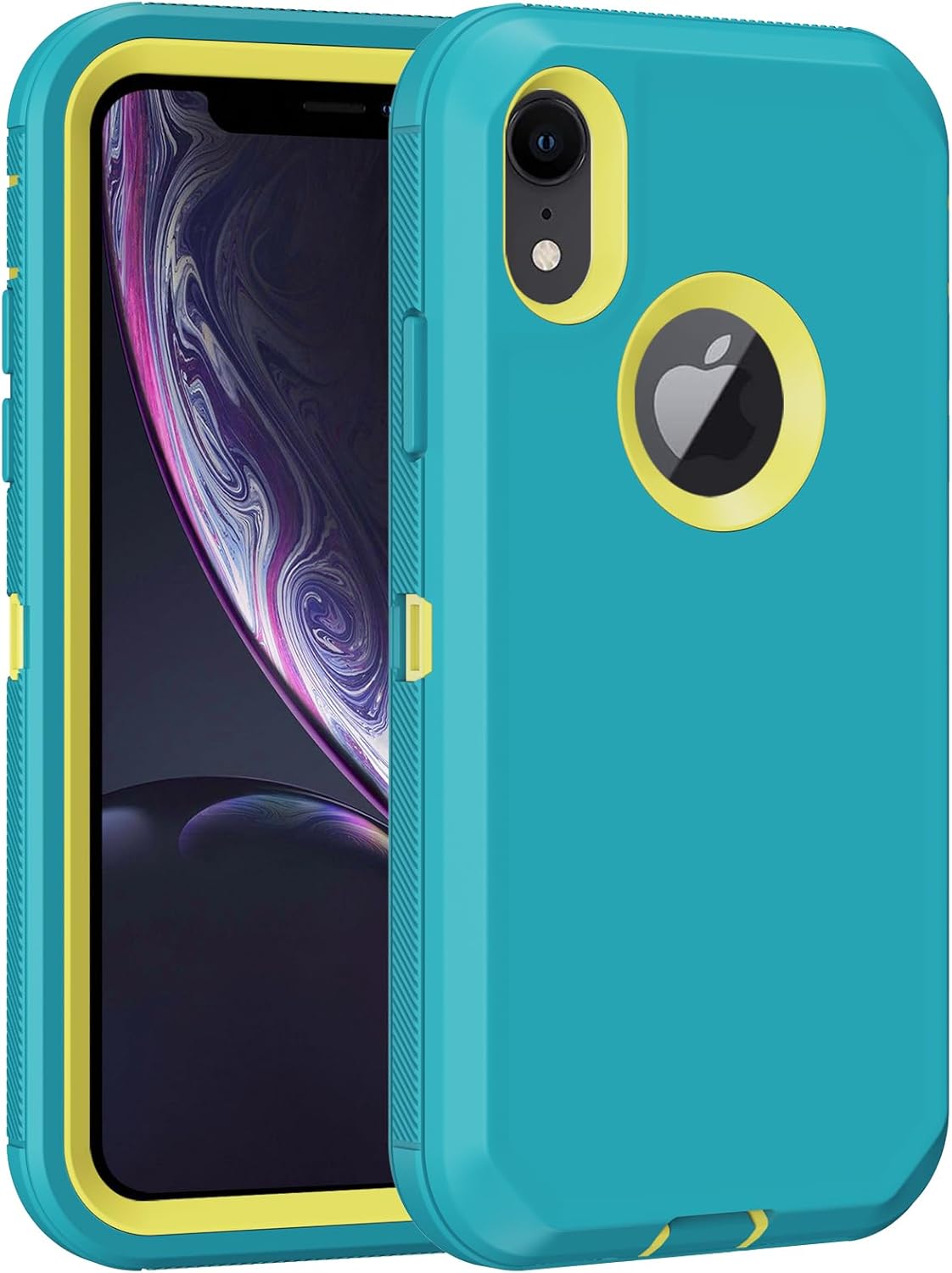 for iPhone XR Case, with Built in Screen Protector Heavy Duty Drop Protection, Full Body Rugged Shockproof Dust Proof 3- Layer Tough Protective Phone Cover for Apple iPhone XR (Mint/Yellow)