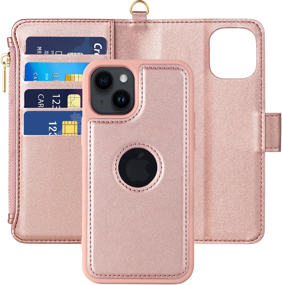 iPhone 13 Case iPhone 14 Case Wallet with Detachable Magnetic Flip Cover and RFID Blocking Credit Card Slots,Premium PU Leather Protective and Zipper Pocket for iPhone 13/14 Case,Rose Gold